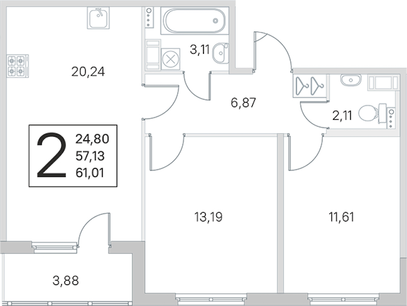 2-комнатная квартира 57.13 м², 2/4 эт., ЖК «Любоград в Стрельне»